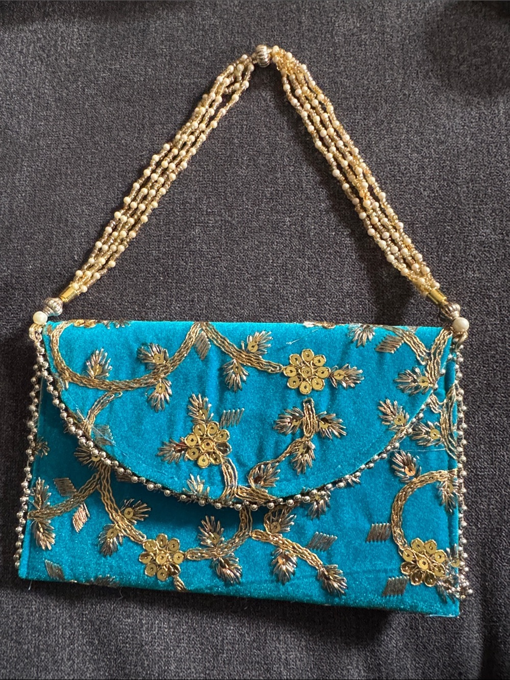 Embellished Teal Envelope Clutch with Beaded Strap